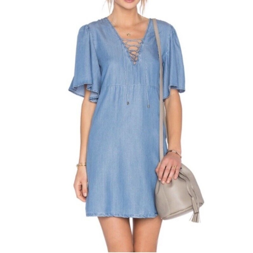 Lovers + Friends Denim V Neck Tie Blue Flowy Sleeve Chambray Mini Dress